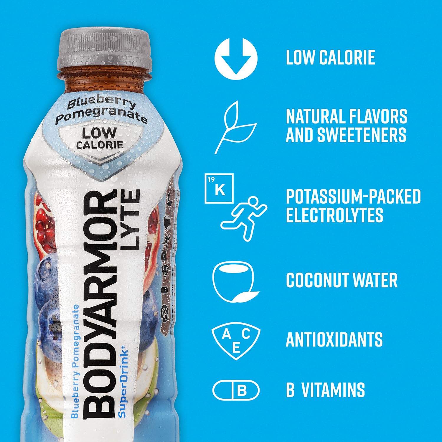 BODYARMOR LYTE Sports Drink Low-Calorie Sports Beverage, Blueberry Pomegranate, Coconut Water Hydration, Natural Flavors With Vitamins, Potassium-Packed Electrolytes, Perfect For Athletes, 16 Fl Oz (Pack of 12)