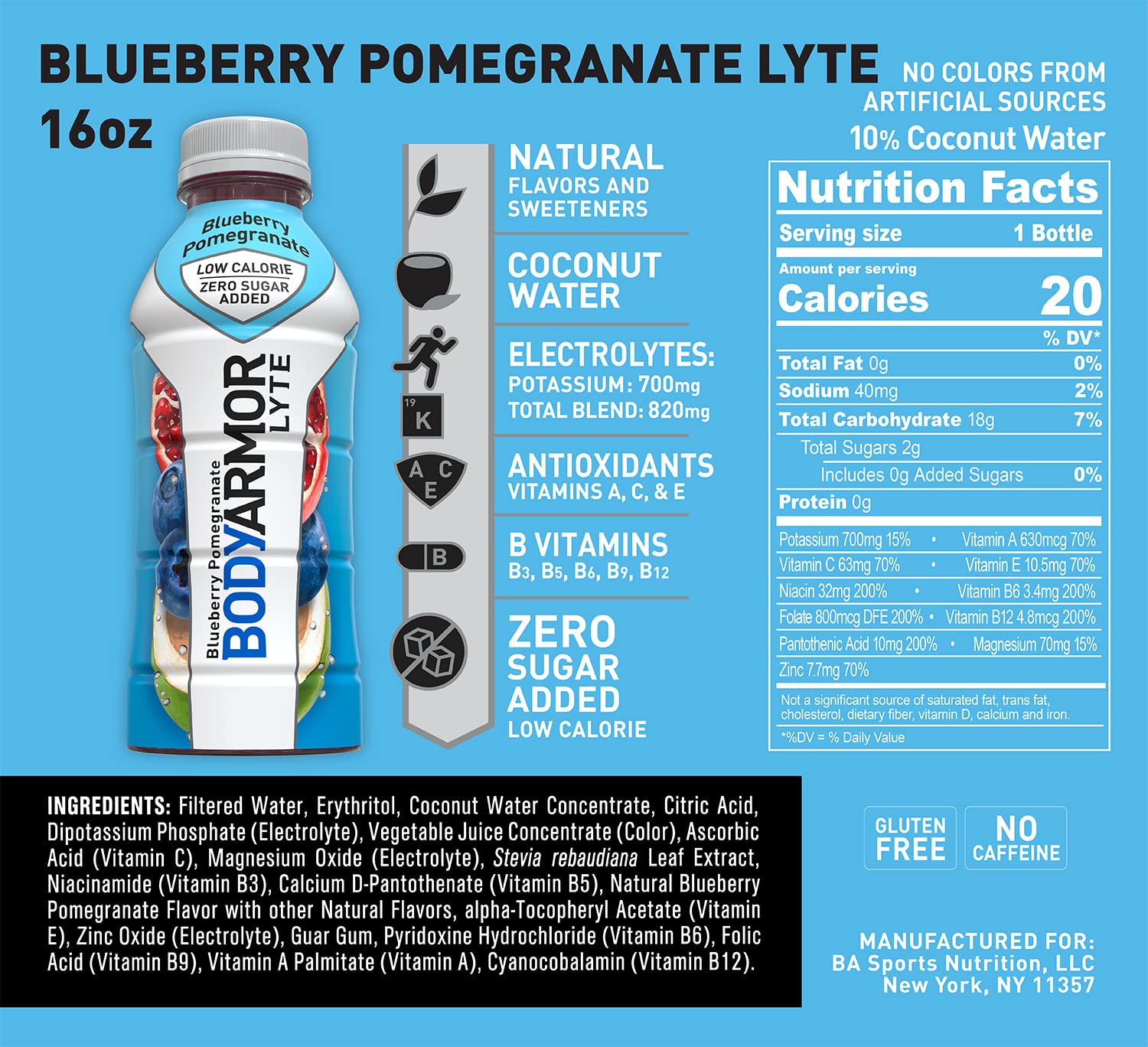 BODYARMOR LYTE Sports Drink Low-Calorie Sports Beverage, Blueberry Pomegranate, Coconut Water Hydration, Natural Flavors With Vitamins, Potassium-Packed Electrolytes, Perfect For Athletes, 16 Fl Oz (Pack of 12)