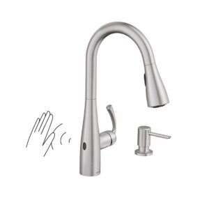 moen essie spot resist stainless touchless one-handle kitchen faucet, motion activated pull down kitchen sink faucet with soap dispenser, 87014ewsrs