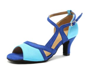 minishion gl250 women's strappy 2.5" heel blue suede tango latin ballroom dancing sandals us 7.5