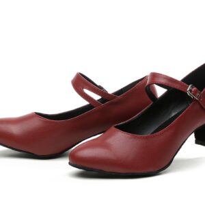 Minishion GL245 Women's Mary Jane Style Burgundy Leather Low Heel Latin Social Prom Dance Pumps US 8