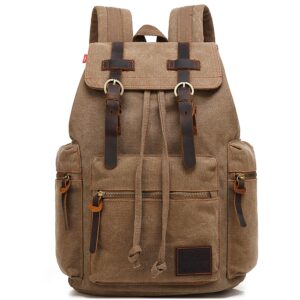 huachen vintage travel canvas leather backpack,laptop backpacks rucksack,shoulder camping hiking backpacks for men women medium size (m32_brown)