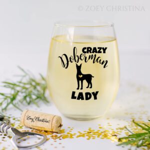 Doberman Gifts for Women Funny Stemless Wine Glass for Her Dobie Mom Cup 0054