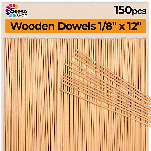 Wooden Dowel Rods 150 pcs - Wood Dowels 1/8 inch - Dowel Rod 12 inch 30cm-3mmØ - Thin Wood Dowels for Crafts - Unfinished Natural Wood Craft Sticks Hardwood Dowel Supplies