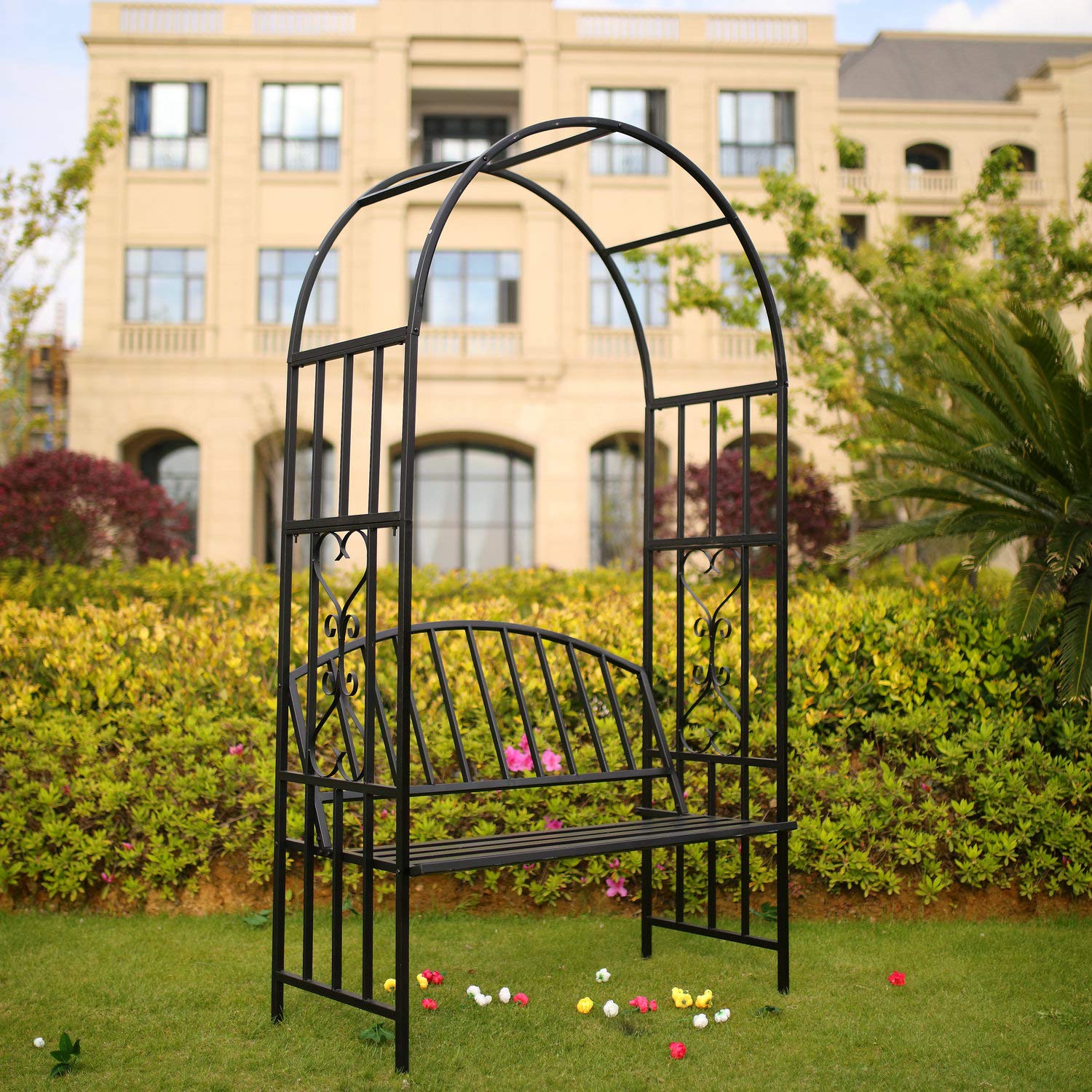 Better Garden Steel Garden Arch with Seat for 2 People, 6'7" High x 3'7" Wide, Garden Arbor for Various Climbing Plant, Outdoor Garden Lawn Backyard