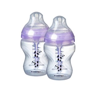 tommee tippee anti-colic baby bottles, slow flow breast-like nipple and unique anti-colic venting system, purple pandas (9oz, 2 count)