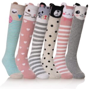 fnovco girls knee high socks cartoon animal patterns cotton over calf socks (6 pairs animal)