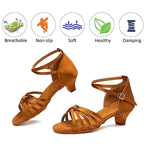 DKZSYIM Women's Satin Latin Dance Shoes Professional Ballroom Salsa Practice Performance Dancing Shoes,201B-Brown, 6.5 US