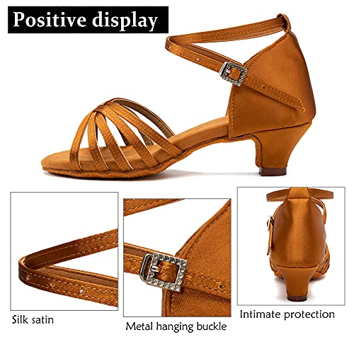 DKZSYIM Women's Satin Latin Dance Shoes Professional Ballroom Salsa Practice Performance Dancing Shoes,201B-Brown, 6.5 US