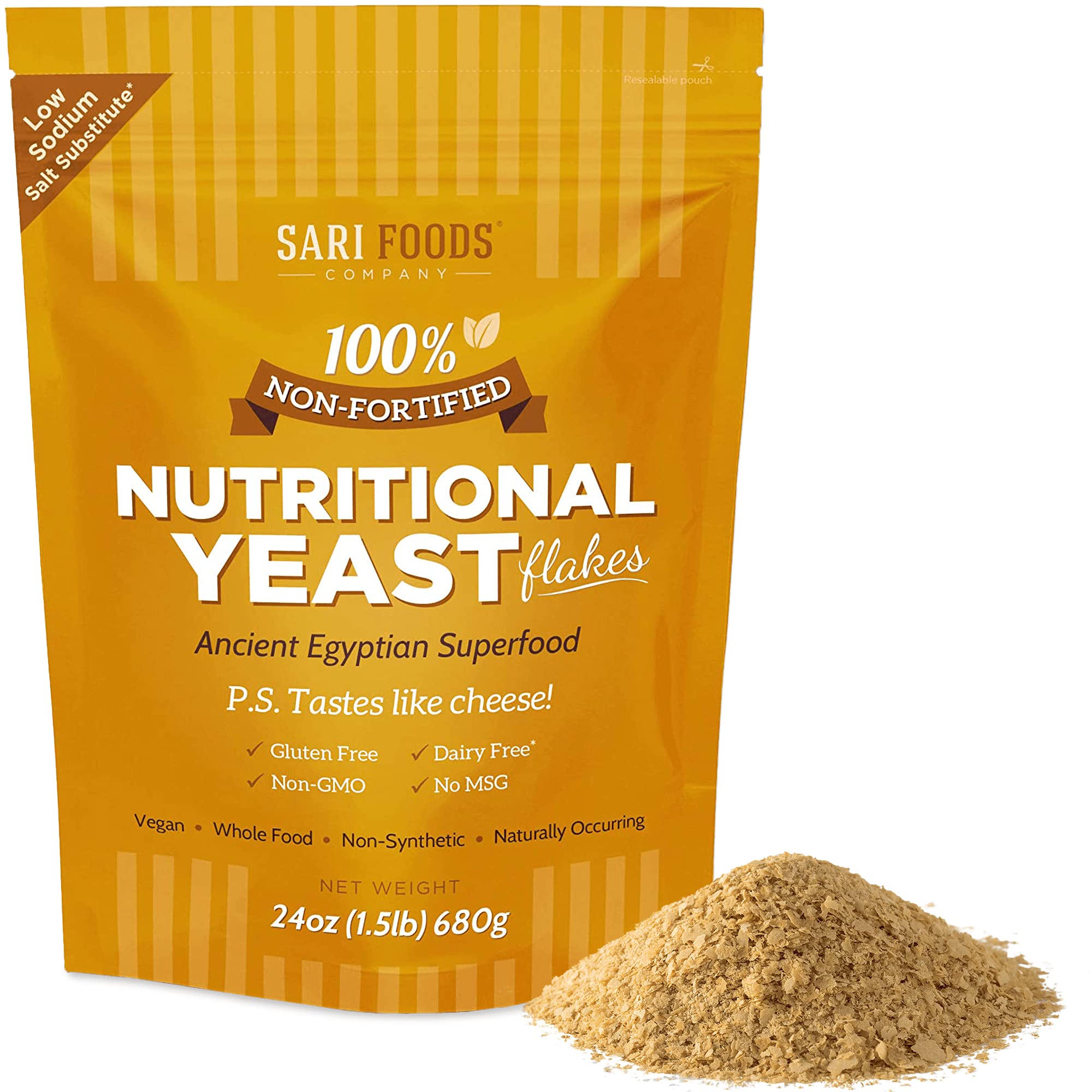 Sari Foods- Non-Fortified Nutritional Yeast Flakes, 24oz or 8oz, Superfood, Rich in Vegan Protein. Gluten Free & Dairy Free Cheese Substitute, Vitamins B, Beta-glucans, and All 18 Amino Acids, Non GMO