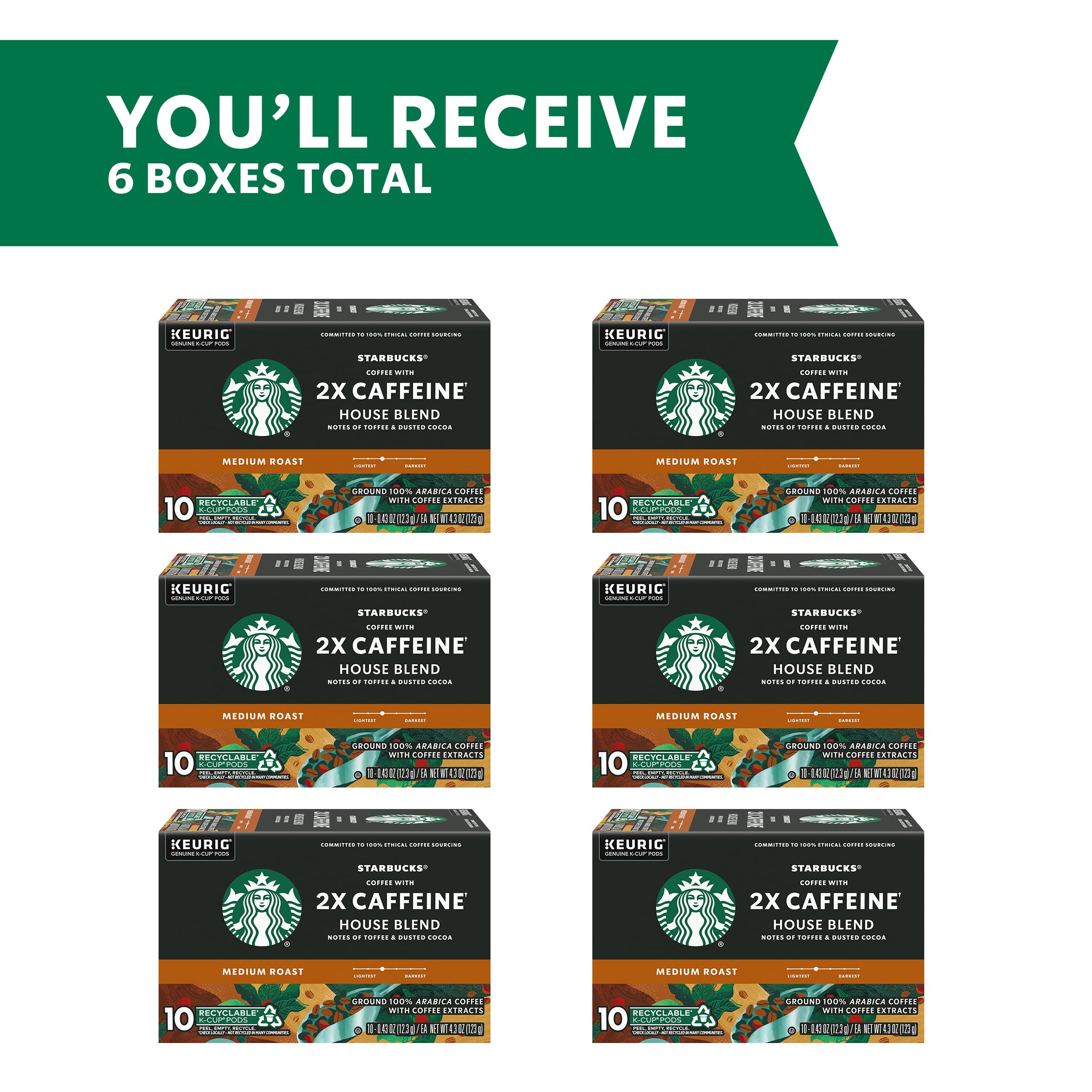 Starbucks K-Cup Coffee Pods, Medium Roast Coffee With 2X Caffeine House Blend For Keurig Coffee Makers, 100% Arabica, 6 Boxes (60 Pods Total)