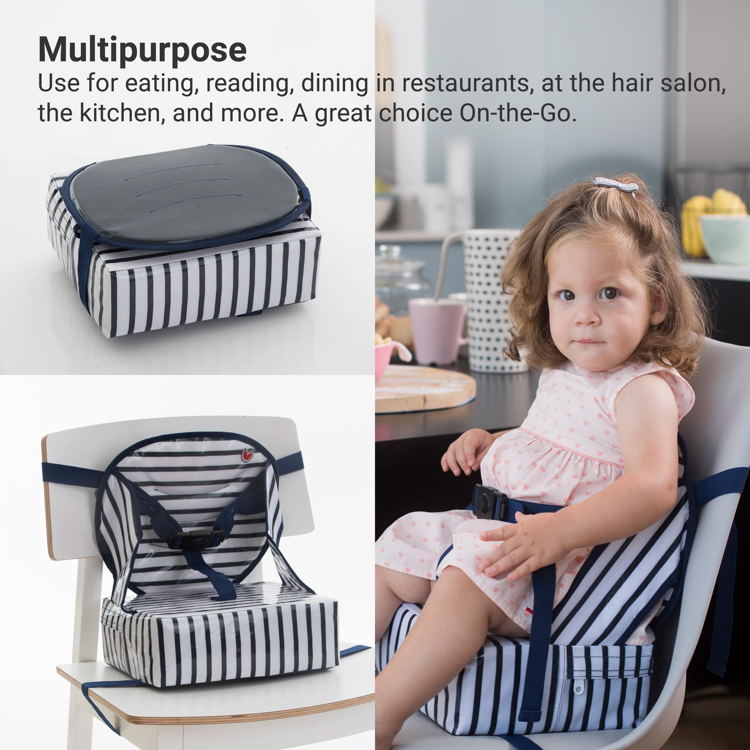 BabyToLove Easy Up Baby Booster Seat | Lightweight On The Go and Easy to Carry | Blue Stripes