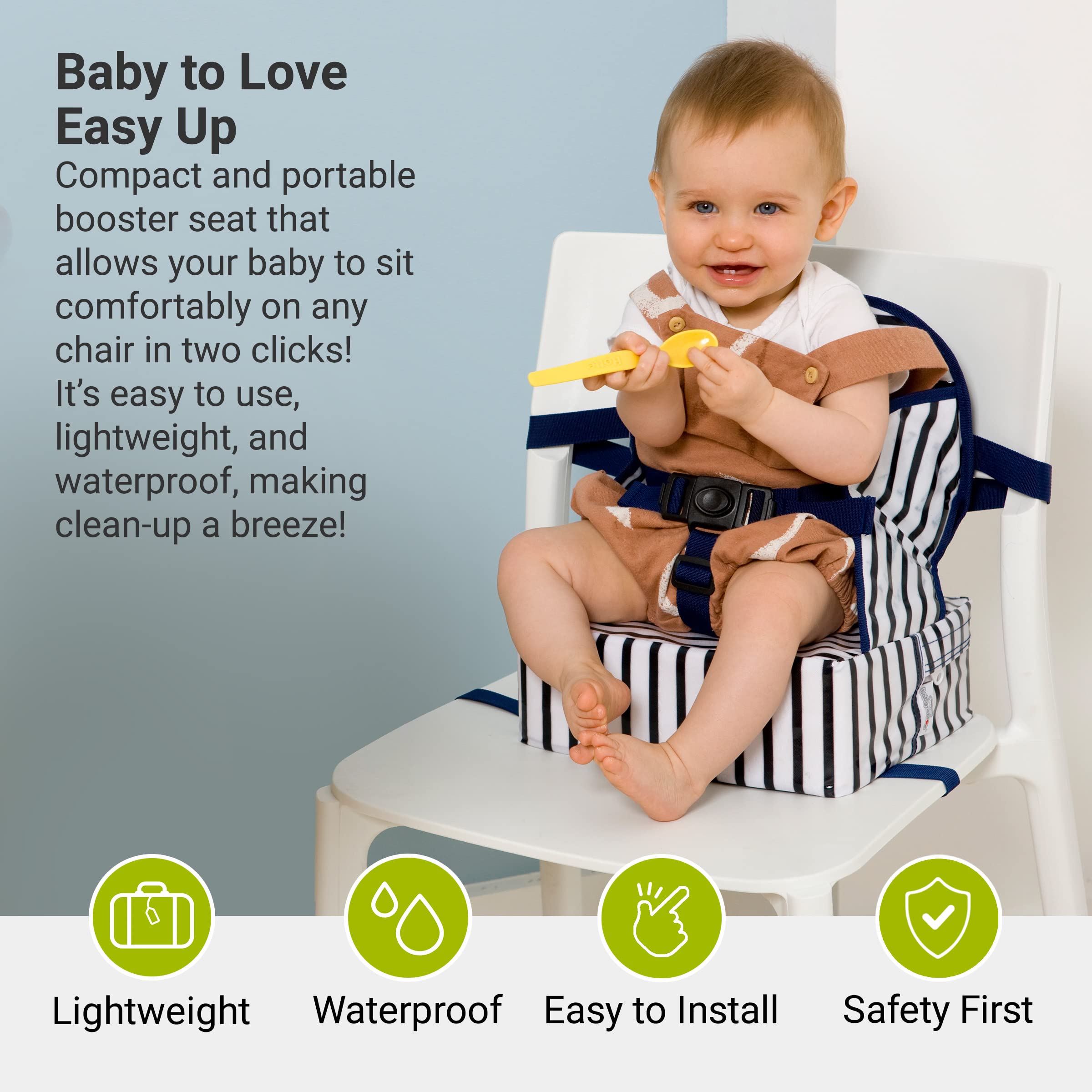 BabyToLove Easy Up Baby Booster Seat | Lightweight On The Go and Easy to Carry | Blue Stripes