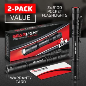 GearLight S100 LED Pocket Pen Light- 2 Small, Compact Flashlights with Clip for Tight Spaces, Police Inspection, Nurses & Medical Use