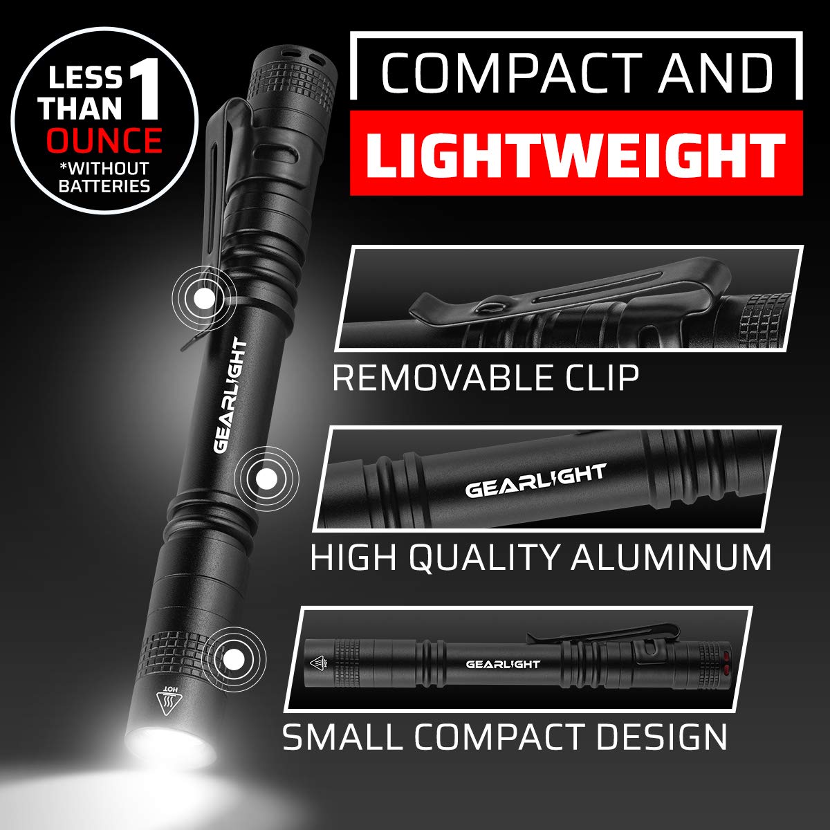 GearLight S100 LED Pocket Pen Light- 2 Small, Compact Flashlights with Clip for Tight Spaces, Police Inspection, Nurses & Medical Use