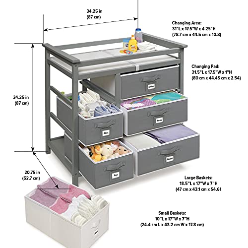 Badger Basket Modern Baby Changing Table with 6 Storage Drawers and Pad - Gray