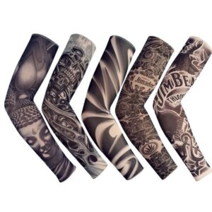 18.1x2.9x4.7" 5pcs Unisex Dark Set Elastic Slip on Fake Temporary Tattoo Sleeves Body Art Arm Sunscreen Cover up Stockings Accessories for Men and Women Outdoor Sport Cycling Driving Runnig Climbing