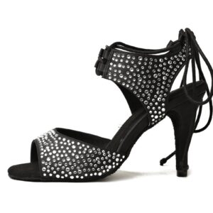 Minishion GL251 Women's Lace-up Crystals Black Satin Latin Dancing Shoes Evening Sandals US 6.5