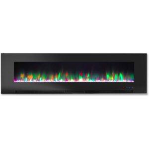 hanover fireside 60'' wall mounted electric fireplace with crystal rock display and led multi-color realistic flame, modern wall fireplace heater for home and office with remote control in black