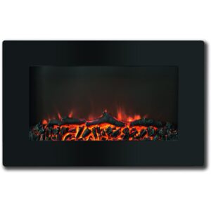 hanover fireside 30'' black wall mounted electric fireplace with driftwood log display and realistic flame, modern wall fireplace heater with remote control for home, living room, office