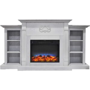 hanover 72'' classic white electric fireplace with log display and led multi-color realistic flames, modern tv stand fireplace heater for home, office with remote control and built-in bookshelves