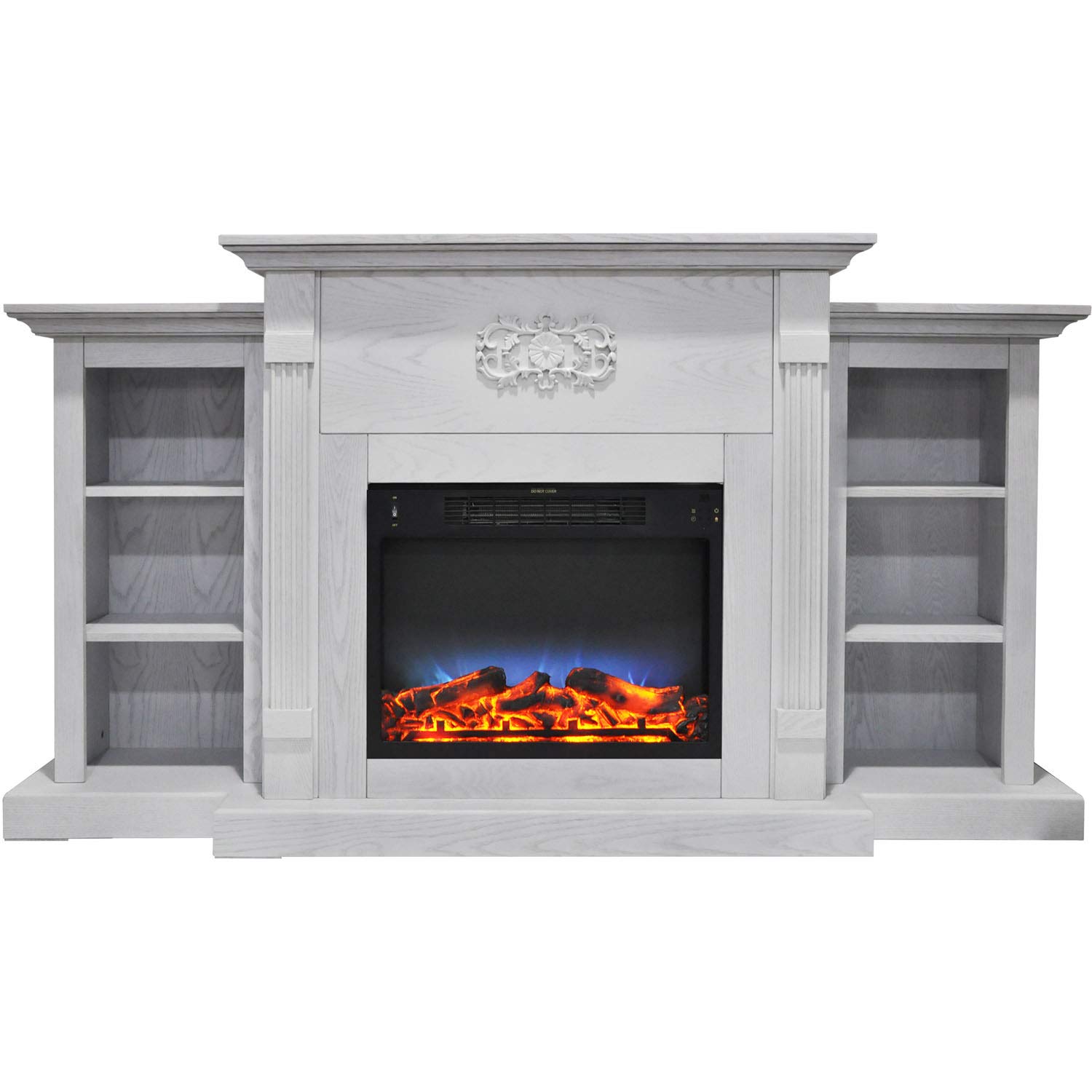 Hanover 72'' Classic White Electric Fireplace with Log Display and LED Multi-Color Realistic Flames, Modern TV Stand Fireplace Heater for Home, Office with Remote Control and Built-in Bookshelves