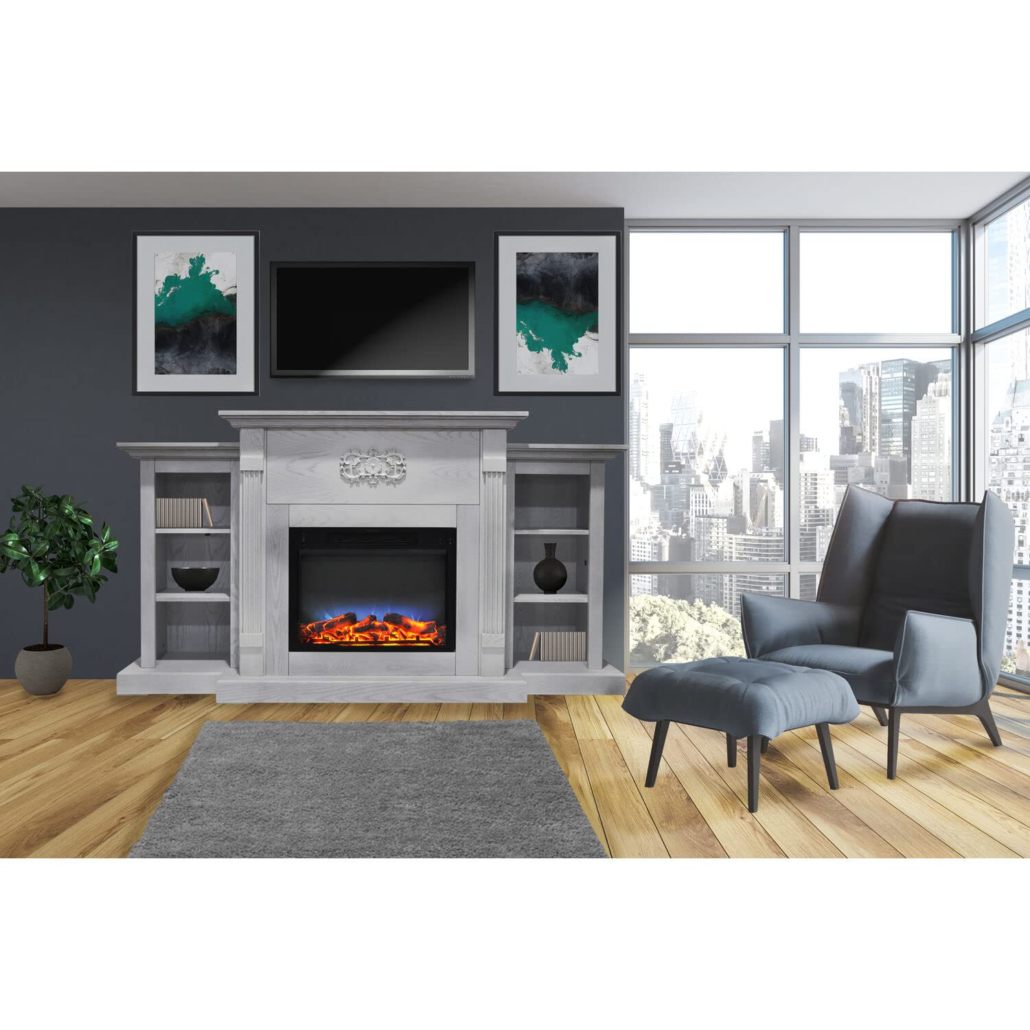 Hanover 72'' Classic White Electric Fireplace with Log Display and LED Multi-Color Realistic Flames, Modern TV Stand Fireplace Heater for Home, Office with Remote Control and Built-in Bookshelves