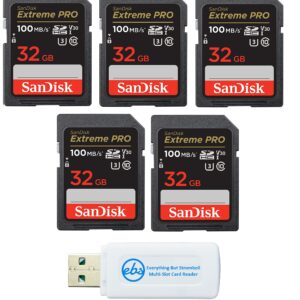 SanDisk 32GB (Five Pack) SD HC Extreme Pro Memory Card works with Digital DSLR Camera SDHC 4K V30 UHS-I (SDSDXXG-032G-GN4IN) with Everything But Stromboli (TM) Combo Reader