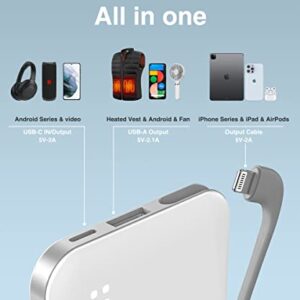 4500mAh Built in Cable Cell Phone External Battery Pack, Portable Phone Charger Power Bank 5V 2.1A Charging Mobile Phone Charger USB-C in/Out Compatible with iPhone 11/12/13, Heated Vest, White