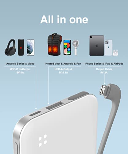 4500mAh Built in Cable Cell Phone External Battery Pack, Portable Phone Charger Power Bank 5V 2.1A Charging Mobile Phone Charger USB-C in/Out Compatible with iPhone 11/12/13, Heated Vest, White