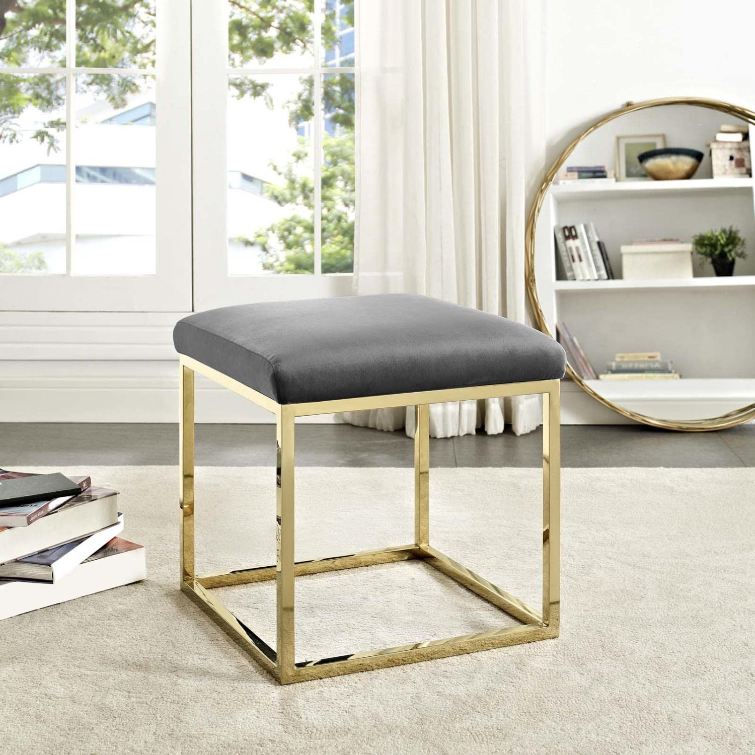 Modway Anticipate Velvet Upholstered Modern Ottoman With Stainless Steel Frame in Gold Gray