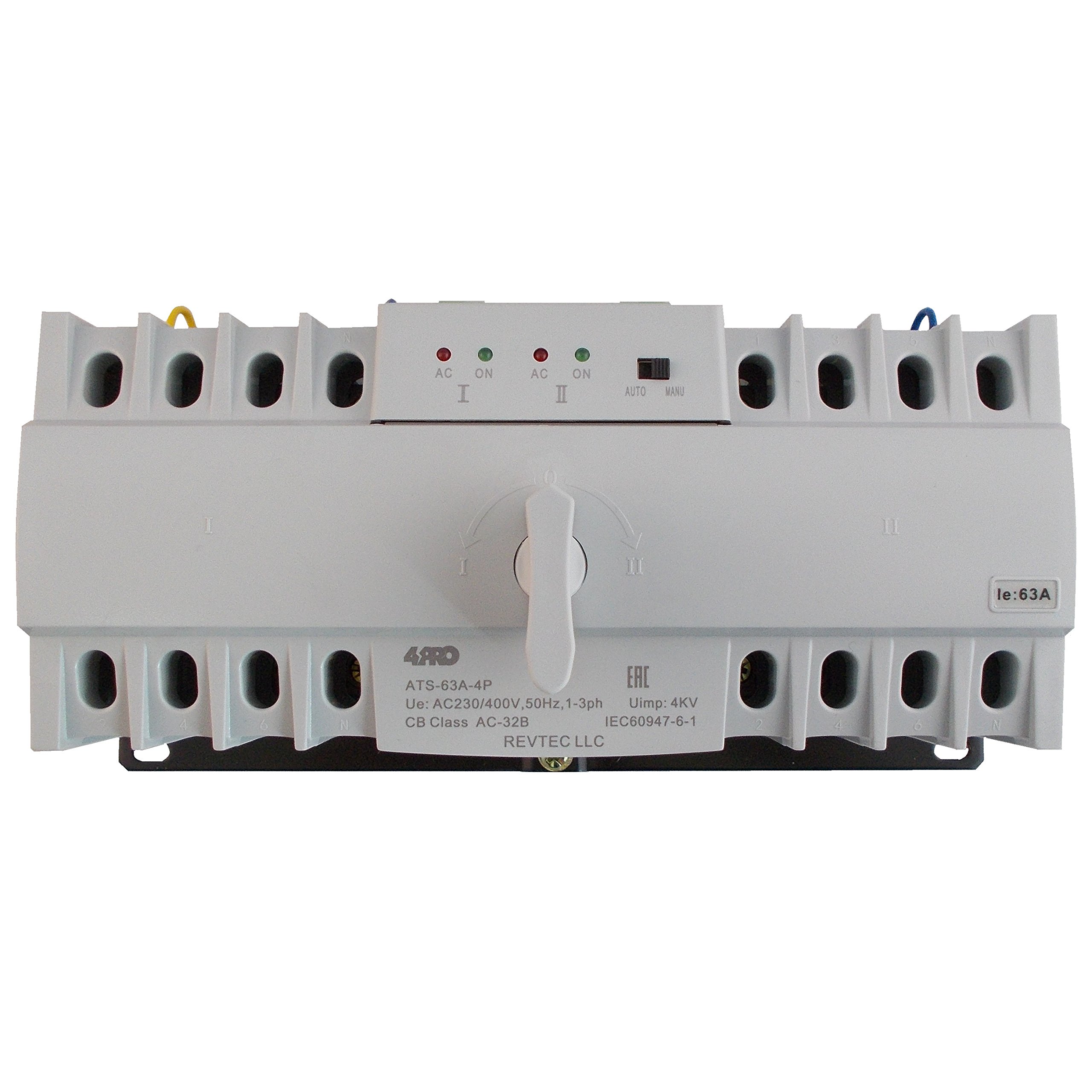 4PRO ATS-63A-4P Automatic Changeover Transfer Switch, 4 Pole, 63A, 120/208V, 50/60Hz, 2-3 Phase