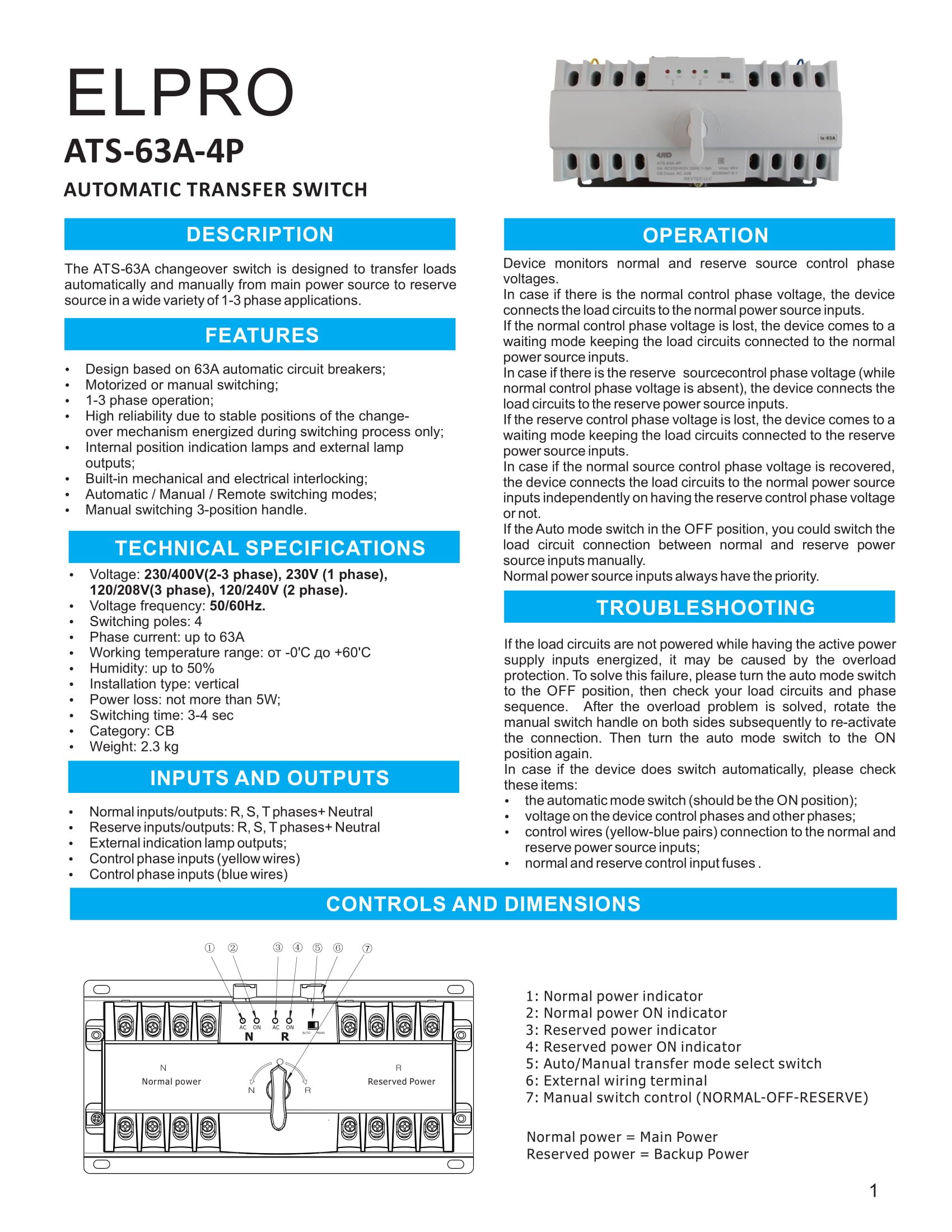 4PRO ATS-63A-4P Automatic Changeover Transfer Switch, 4 Pole, 63A, 120/208V, 50/60Hz, 2-3 Phase