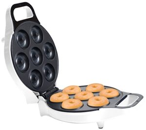 chef buddy mini donut maker, durable, nonstick easy to use mini baking machine - cooks 7 mini doughnuts at a time - glazed, frosted with sprinkles, nuts, or vegan donuts, & more, (white)