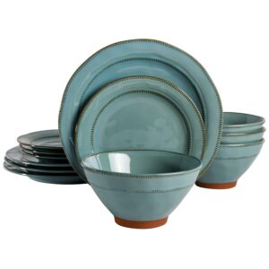 gibson elite terranea round reactive glaze terra cotta dinnerware set, service for four (12pcs), teal
