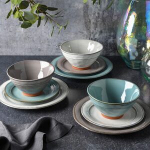 Gibson Elite Terranea Round Reactive Glaze Terra Cotta Dinnerware Set, Service for Four (12pcs), Teal