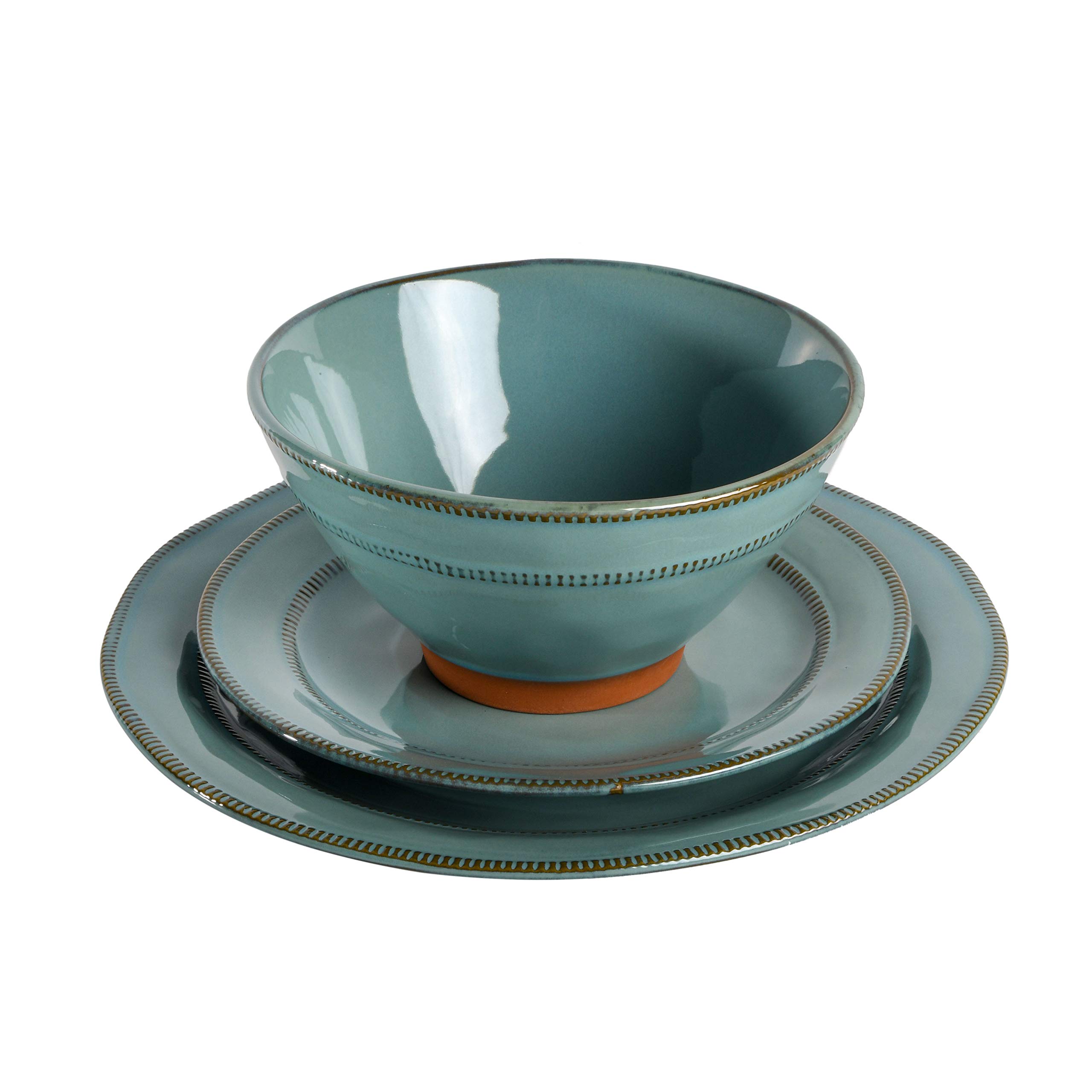 Gibson Elite Terranea Round Reactive Glaze Terra Cotta Dinnerware Set, Service for Four (12pcs), Teal