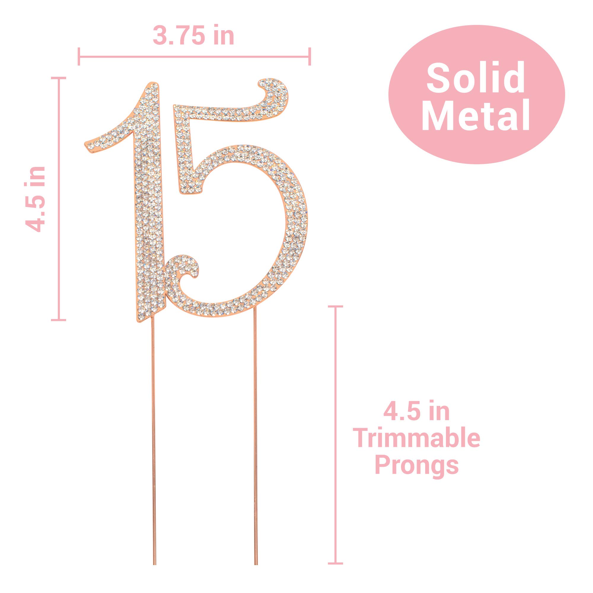 15 Cake Topper - Premium Rose Gold Metal - 15th Birthday or Anniversary Party - Sparkly Rhinestone Quinceanera Cake Topper Decoration Makes a Great Centerpiece - Now Protected in a Box