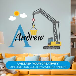 Custom Toddler Construction Crane Wall Decal I Personalized Name & Initial I Nursery Wall Decal for Toddler Room Decorations I Wall Sticker for Bedroom Wide 42"x35" Height (Shown) (Large)