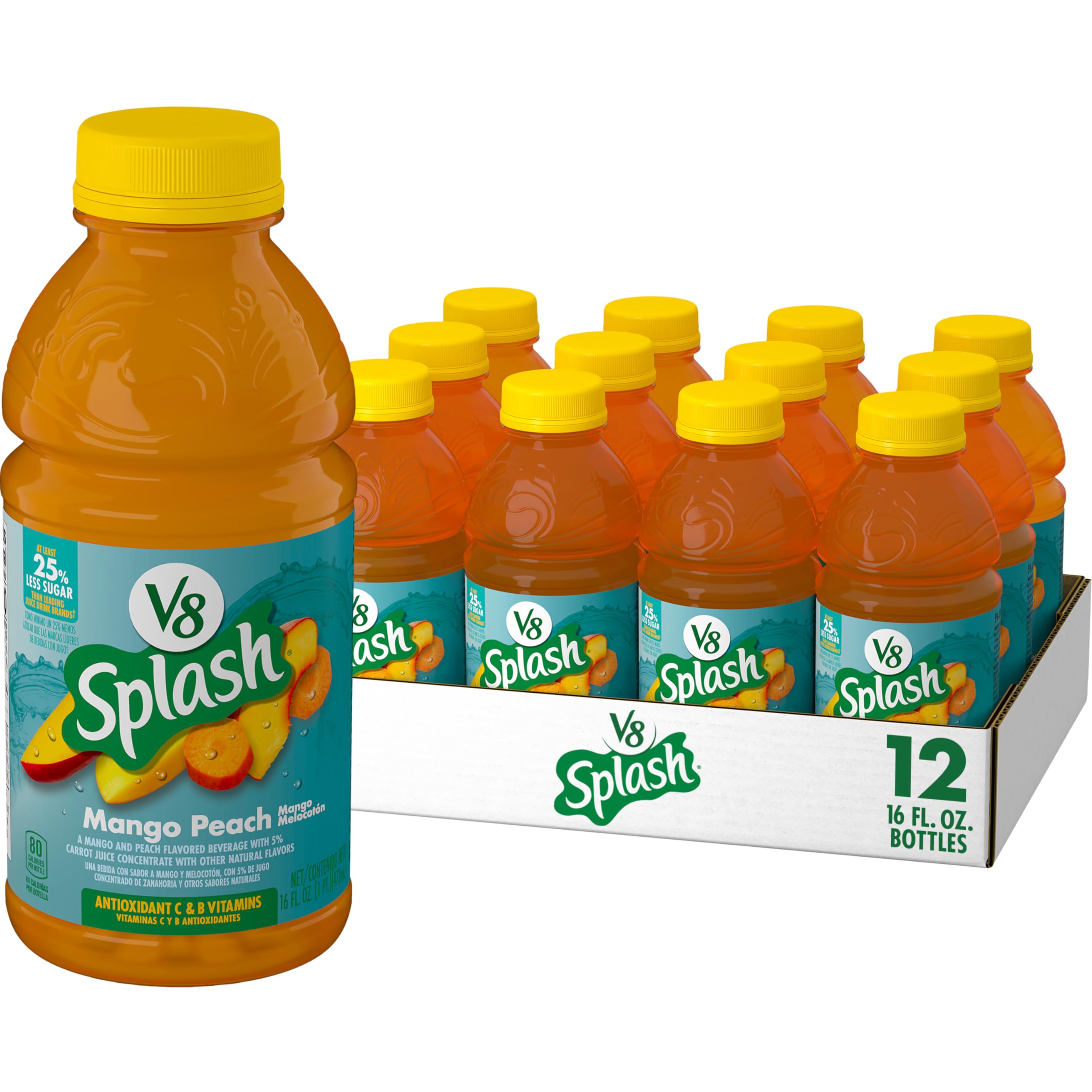 V8 Splash Mango Peach Flavored Juice Beverage, 16 FL OZ Bottle (Pack of 12)