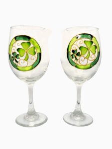 lucky green shamrocks hand painted stemmed wine glasses set of 2