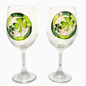 Lucky Green Shamrocks Hand Painted Stemmed Wine Glasses Set of 2