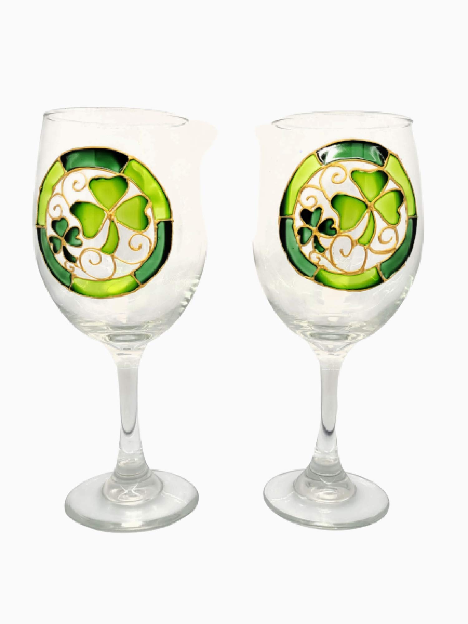 Lucky Green Shamrocks Hand Painted Stemmed Wine Glasses Set of 2