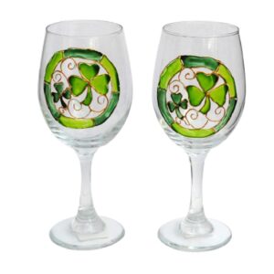 Lucky Green Shamrocks Hand Painted Stemmed Wine Glasses Set of 2