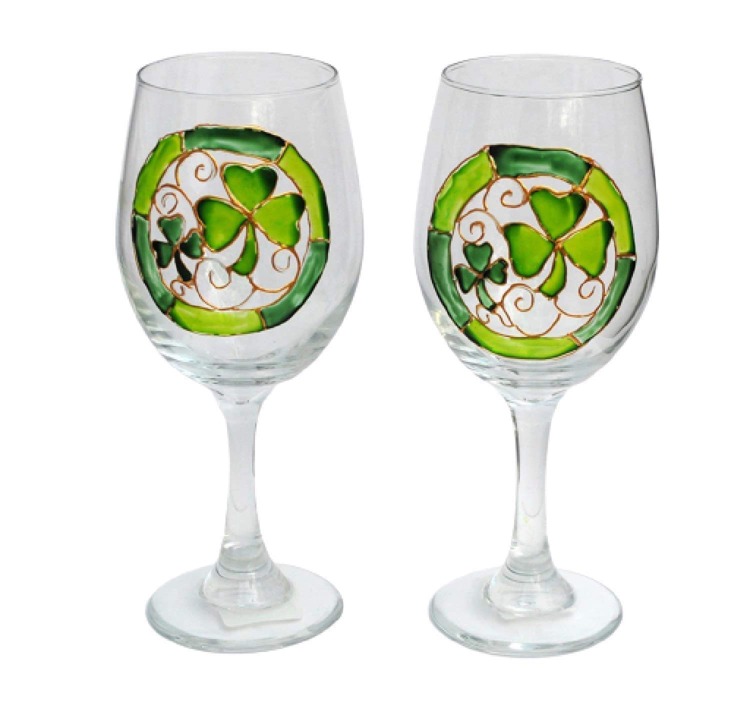 Lucky Green Shamrocks Hand Painted Stemmed Wine Glasses Set of 2