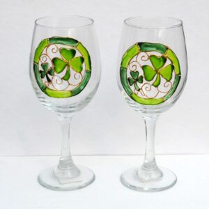 Lucky Green Shamrocks Hand Painted Stemmed Wine Glasses Set of 2