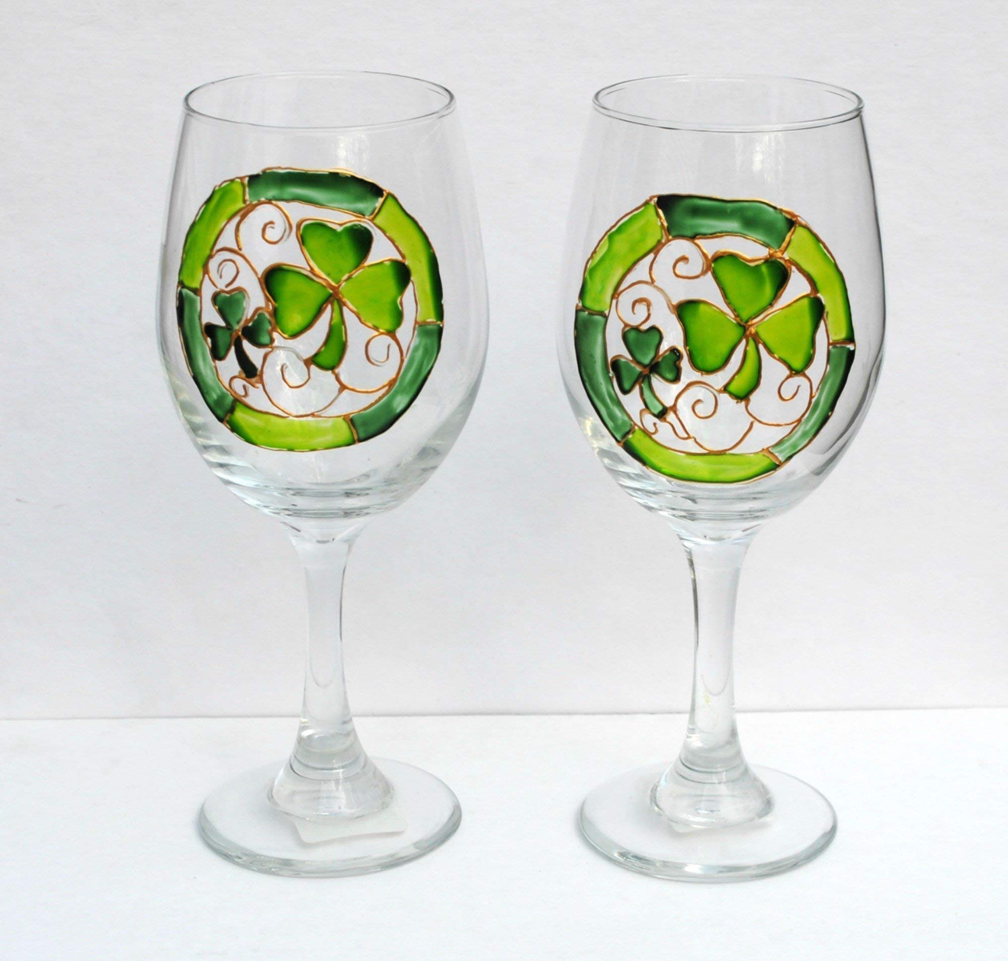 Lucky Green Shamrocks Hand Painted Stemmed Wine Glasses Set of 2