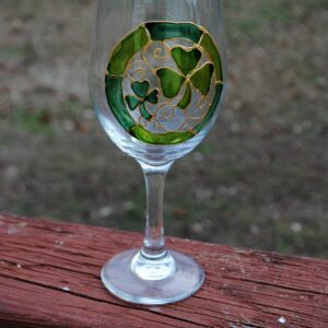 Lucky Green Shamrocks Hand Painted Stemmed Wine Glasses Set of 2