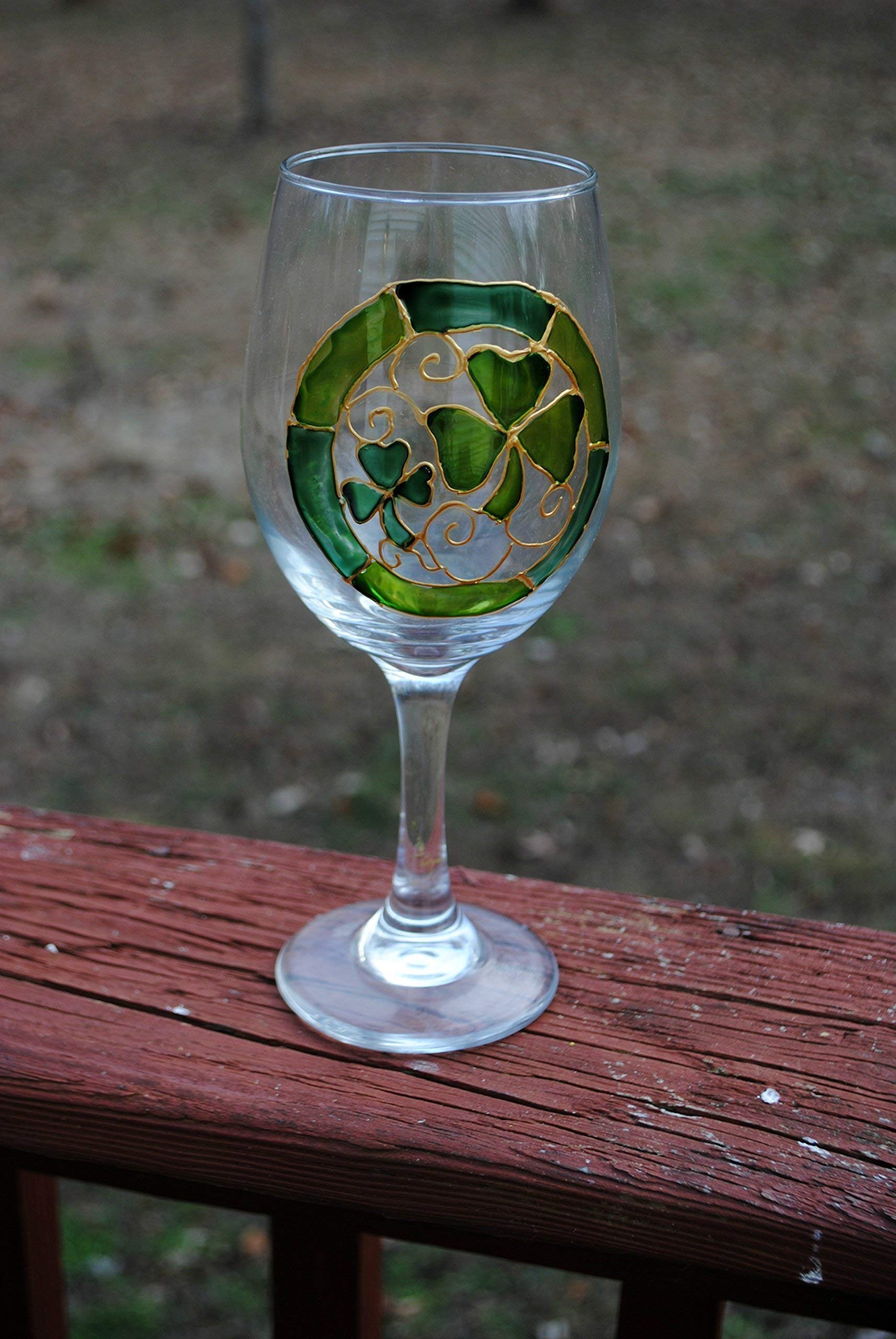 Lucky Green Shamrocks Hand Painted Stemmed Wine Glasses Set of 2