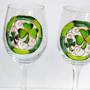 Lucky Green Shamrocks Hand Painted Stemmed Wine Glasses Set of 2